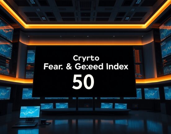 Digital display showing Crypto Fear & Greed Index at 50 with neutral sentiment icon in a trading studio