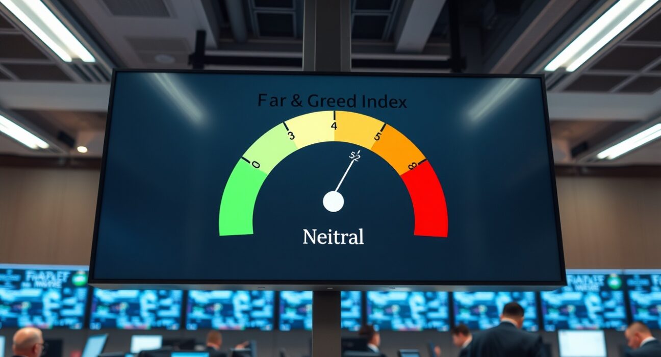 Digital display of Crypto Fear and Greed Index gauge showing neutral reading of 52 on a trading floor