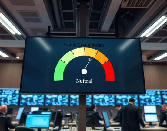 Digital display of Crypto Fear and Greed Index gauge showing neutral reading of 52 on a trading floor