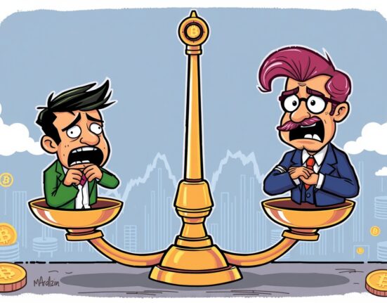 A cartoon illustration of an investor's sentiment transitioning from fear to neutral, reflecting the Crypto Fear & Greed Index reaching 51.