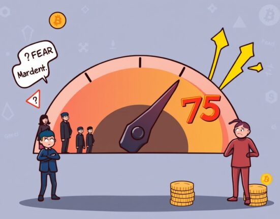 An illustration of the Crypto Fear & Greed Index meter showing a high 'Greed' reading, conveying strong market confidence and optimism.