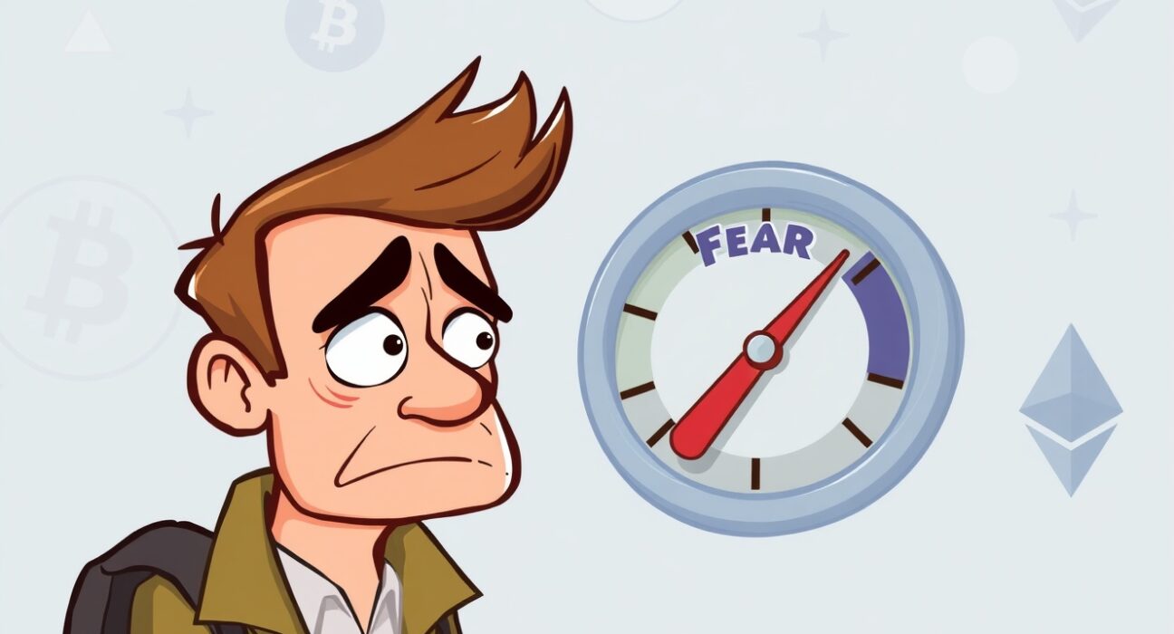 A cartoon investor nervously watching the Crypto Fear & Greed Index drop, signaling market fear in the crypto market.