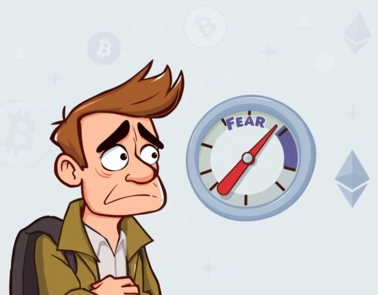 A cartoon investor nervously watching the Crypto Fear & Greed Index drop, signaling market fear in the crypto market.