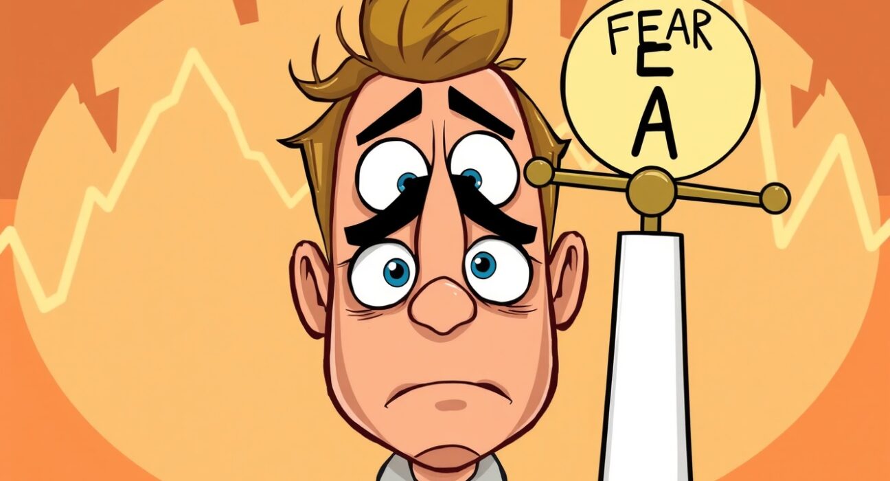 A cartoon illustration of the Crypto Fear & Greed Index meter pointing to 'Fear,' with worried investors observing it.