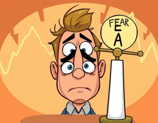 A cartoon illustration of the Crypto Fear & Greed Index meter pointing to 'Fear,' with worried investors observing it.
