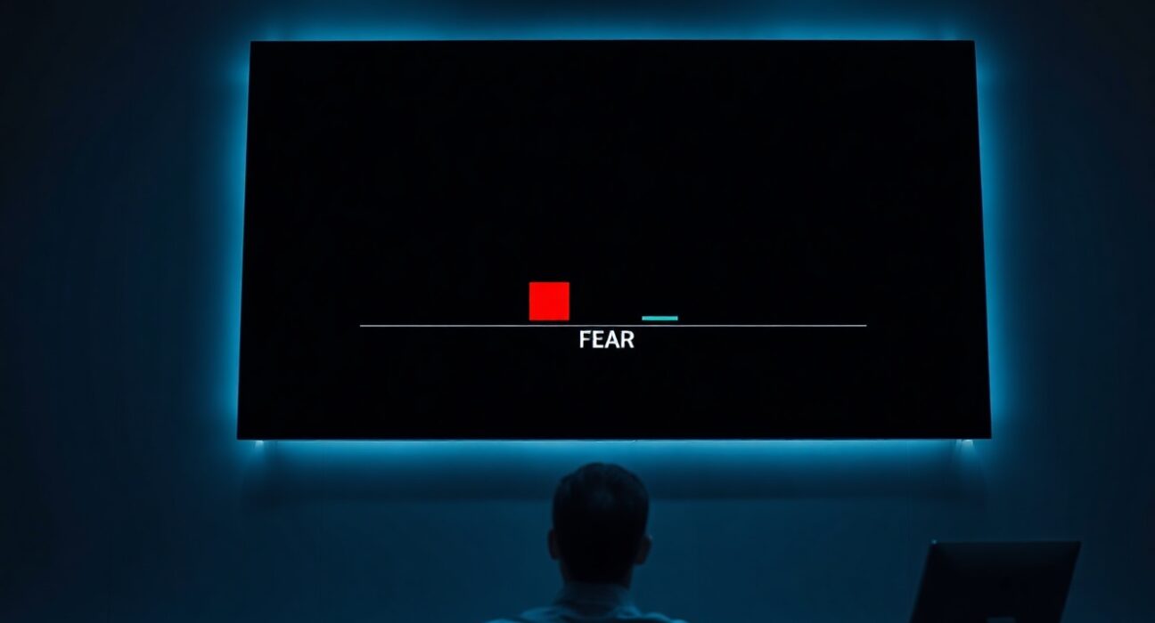 A digital display showing the Crypto Fear & Greed Index at a score of 20, indicating market fear, in a dimly lit trading room.