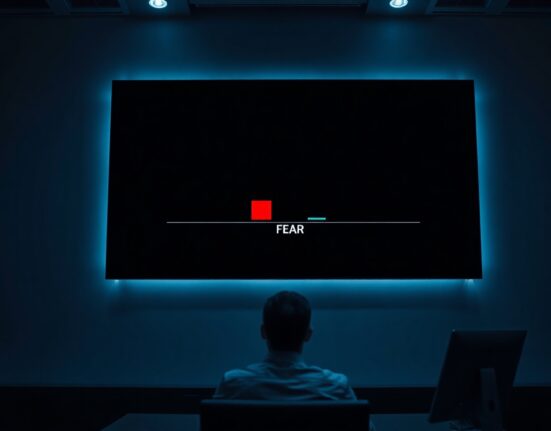 A digital display showing the Crypto Fear & Greed Index at a score of 20, indicating market fear, in a dimly lit trading room.