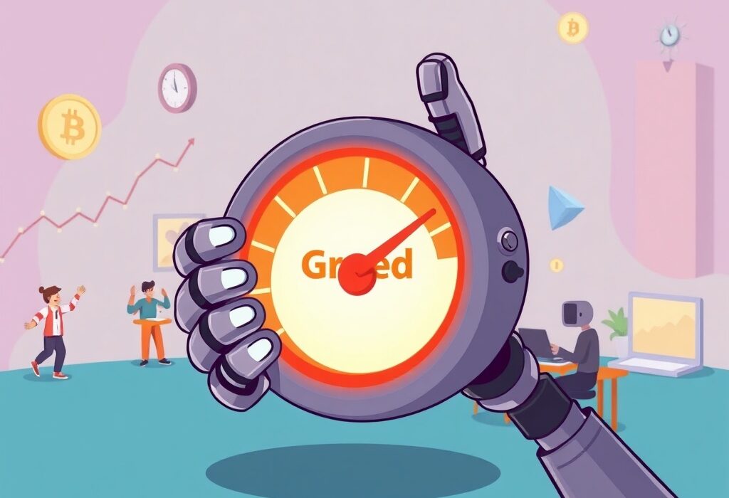 A vibrant cartoon illustration showing a meter indicating 'Greed' on the Crypto Fear & Greed Index, symbolizing current market sentiment.