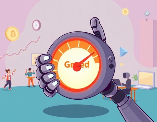 A vibrant cartoon illustration showing a meter indicating 'Greed' on the Crypto Fear & Greed Index, symbolizing current market sentiment.