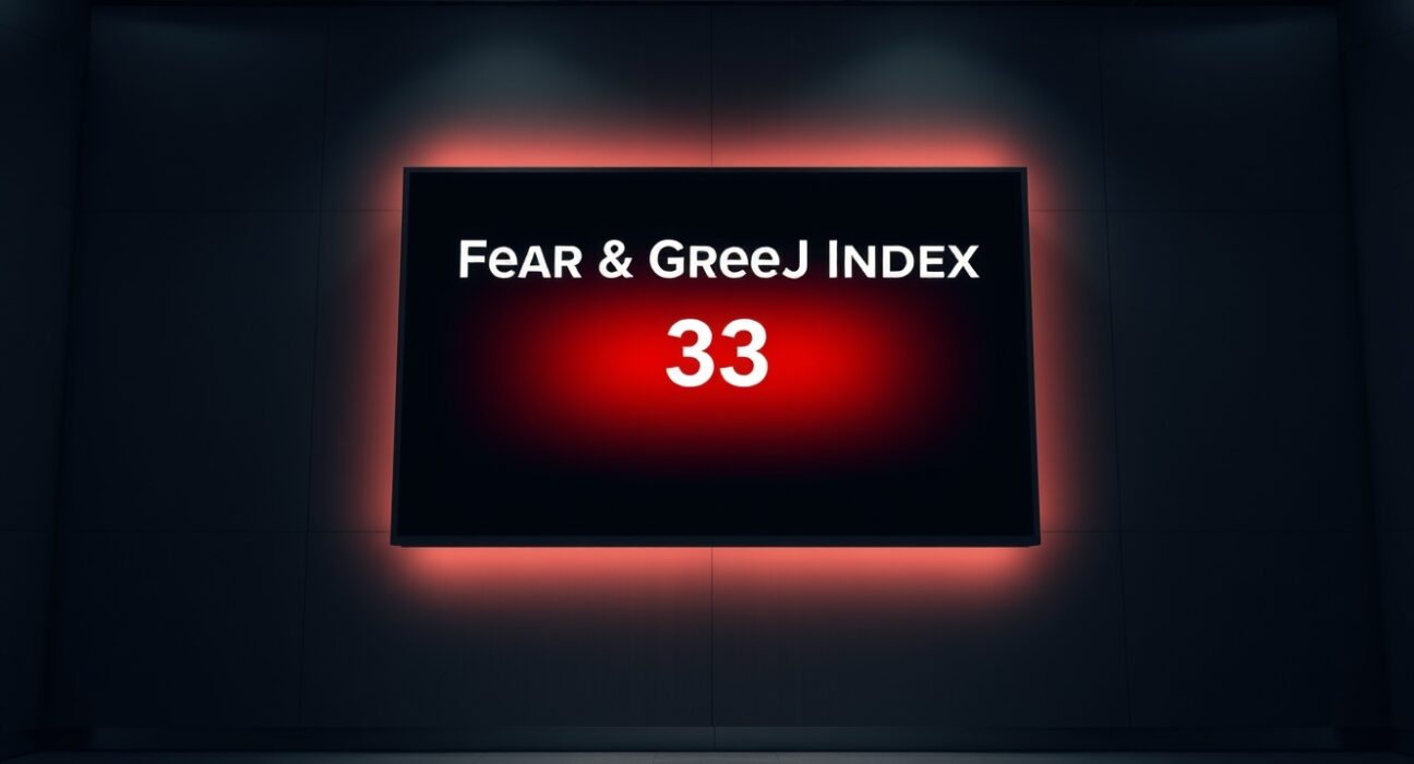 Digital display of the Crypto Fear & Greed Index at 33 in a dark trading environment