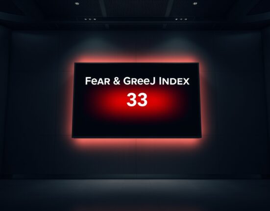 Digital display of the Crypto Fear & Greed Index at 33 in a dark trading environment