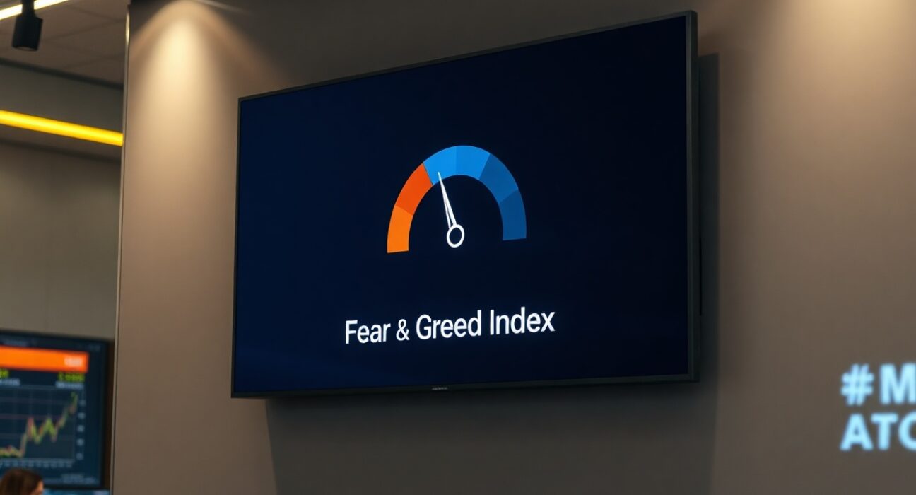 Crypto Fear and Greed Index gauge showing 37, still in fear zone, on a newsroom display.