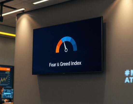 Crypto Fear and Greed Index gauge showing 37, still in fear zone, on a newsroom display.
