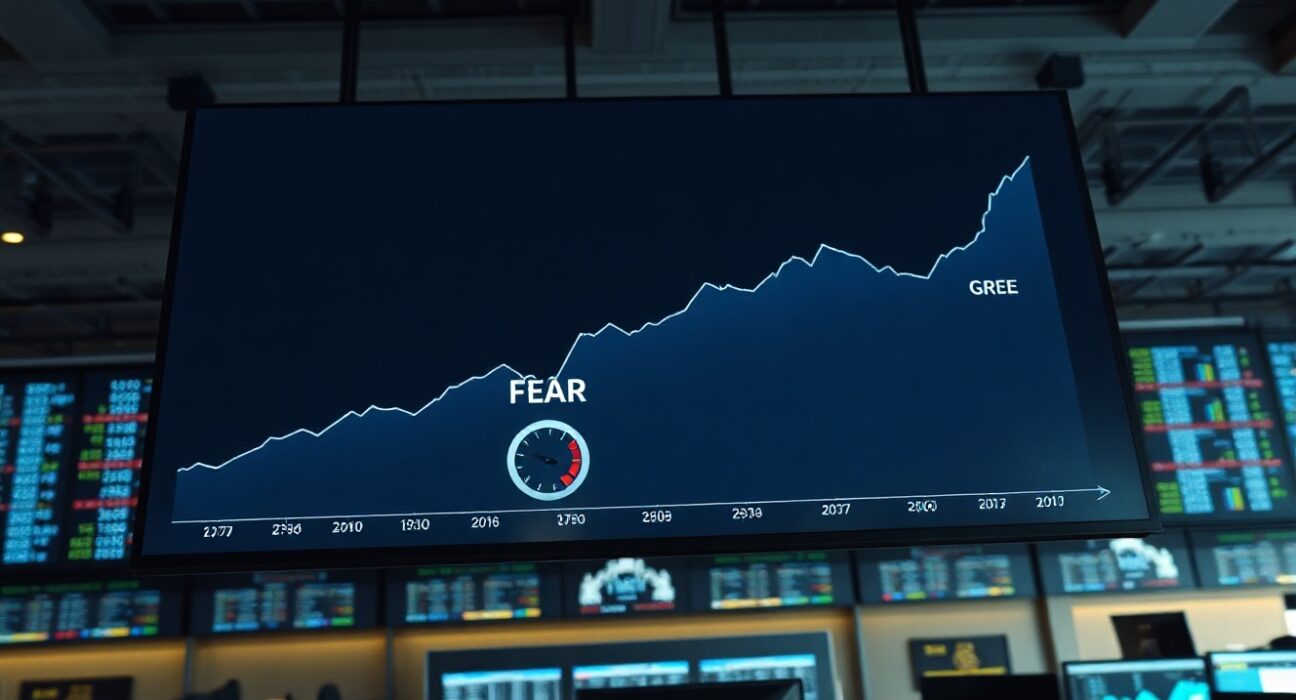 Digital display showing the Crypto Fear and Greed Index with needle in fear zone