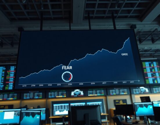 Digital display showing the Crypto Fear and Greed Index with needle in fear zone