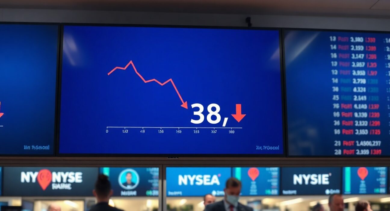 Digital display showing crypto fear and greed index at 38 with a downward trend chart in a trading floor