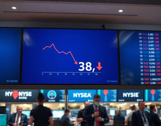 Digital display showing crypto fear and greed index at 38 with a downward trend chart in a trading floor