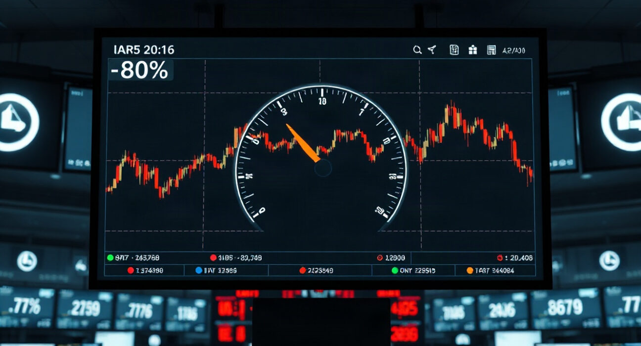 Crypto Fear and Greed Index gauge showing neutral reading on a digital screen in a trading environment