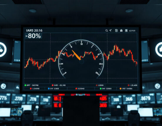 Crypto Fear and Greed Index gauge showing neutral reading on a digital screen in a trading environment