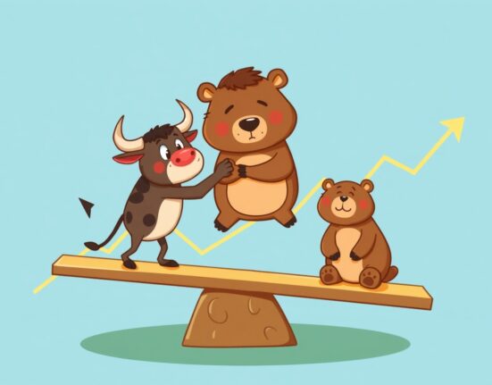 A hopeful cartoon scene showing the Crypto Fear & Greed Index shifting from bearish to more balanced sentiment.