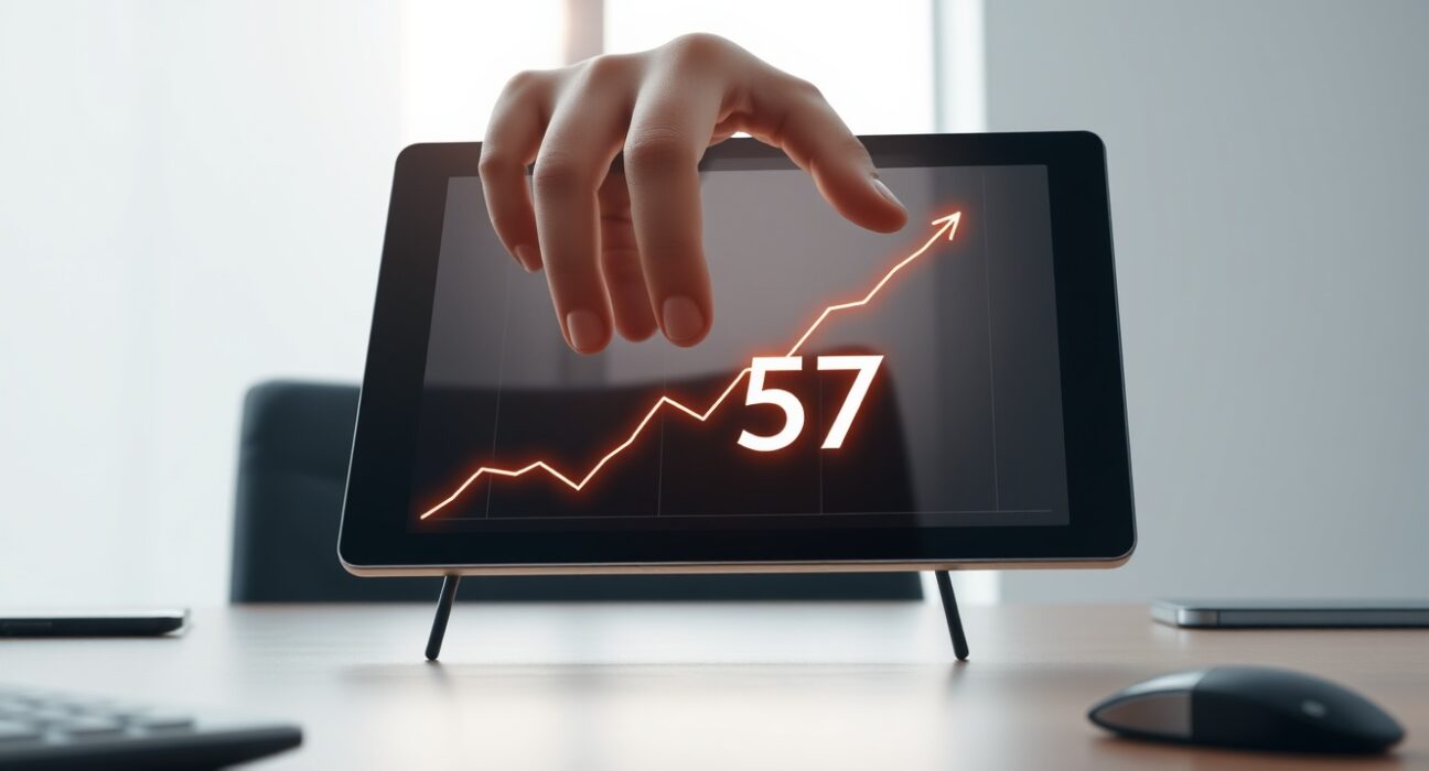 Analyst reviewing the Crypto Fear & Greed Index showing a neutral score of 57 on a digital tablet.