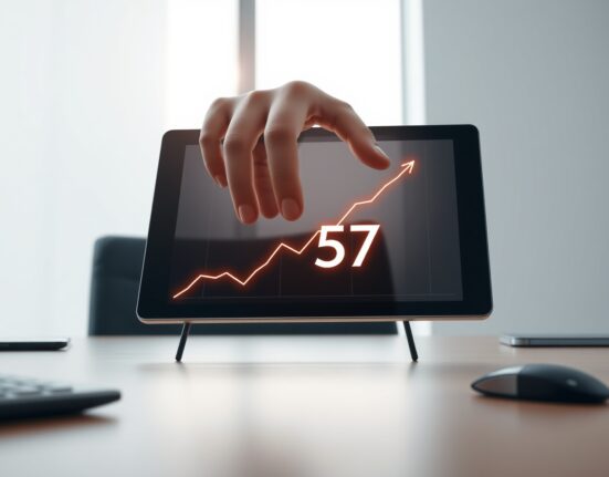 Analyst reviewing the Crypto Fear & Greed Index showing a neutral score of 57 on a digital tablet.