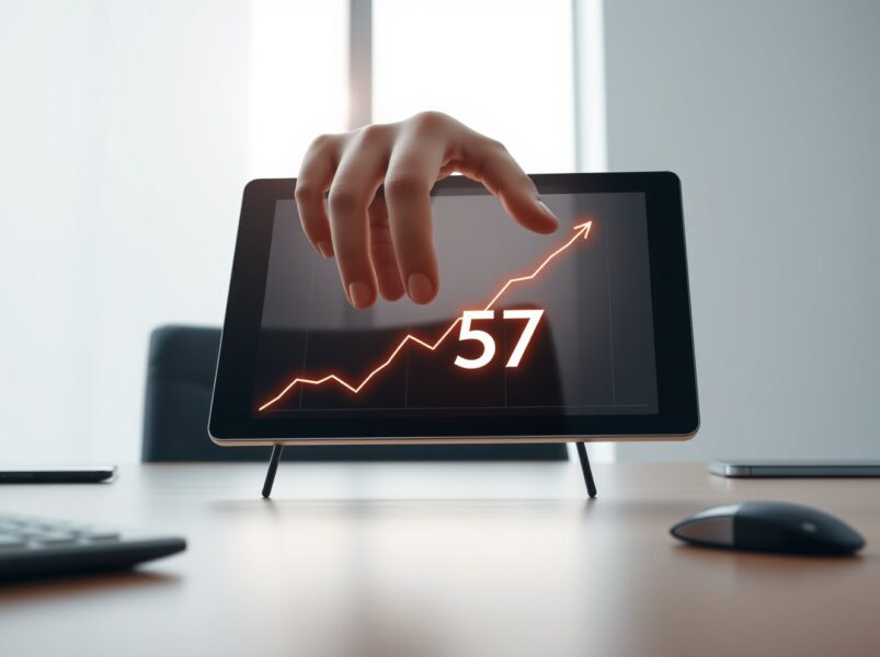 Analyst reviewing the Crypto Fear & Greed Index showing a neutral score of 57 on a digital tablet.