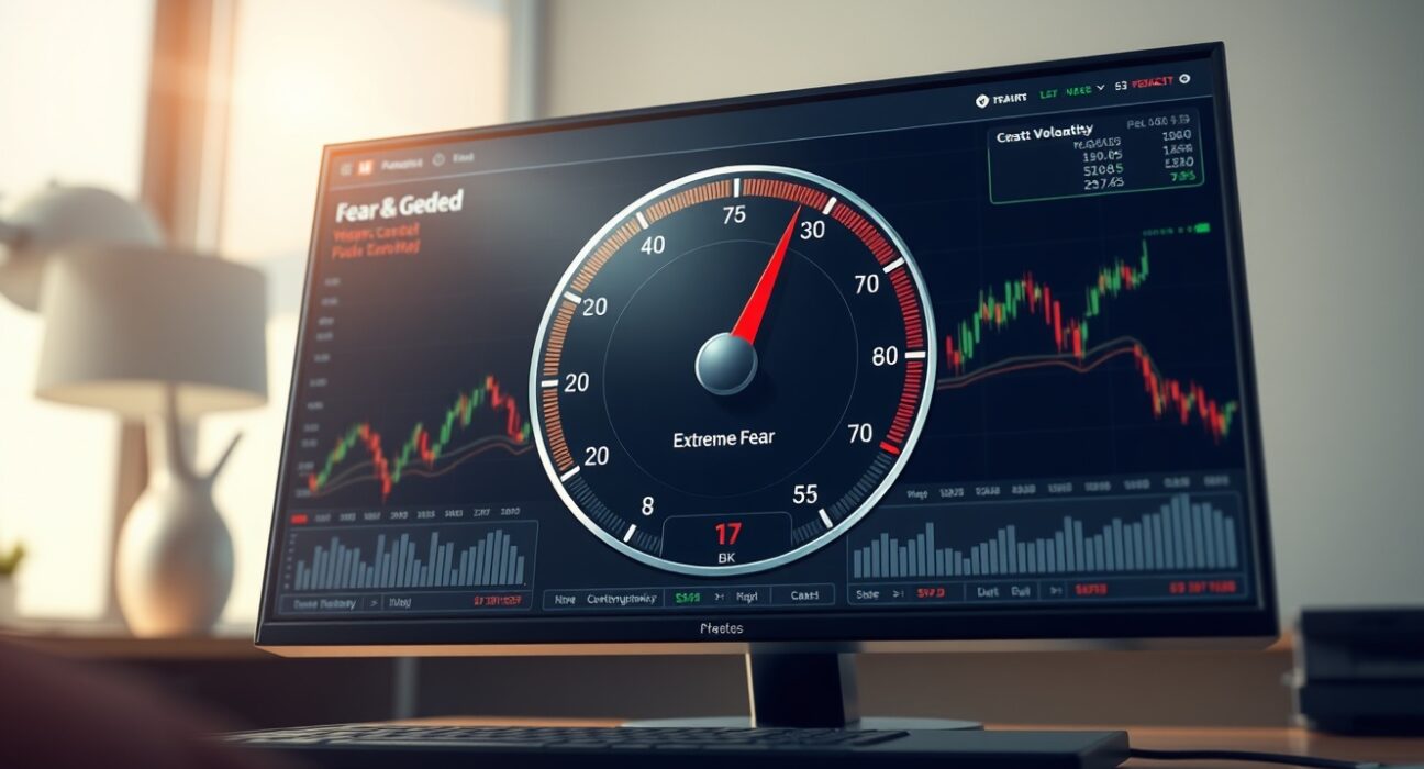 Crypto Fear & Greed Index gauge showing extreme fear level at 17 on a trading dashboard.