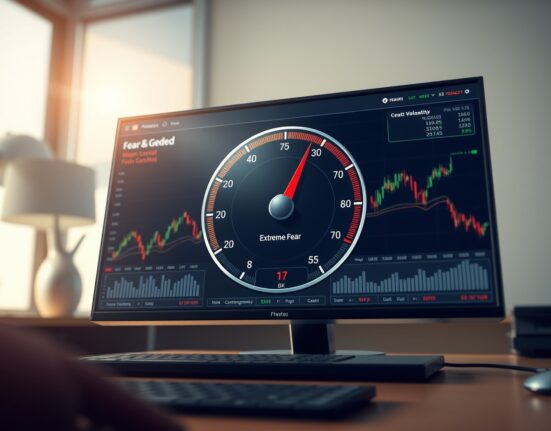 Crypto Fear & Greed Index gauge showing extreme fear level at 17 on a trading dashboard.