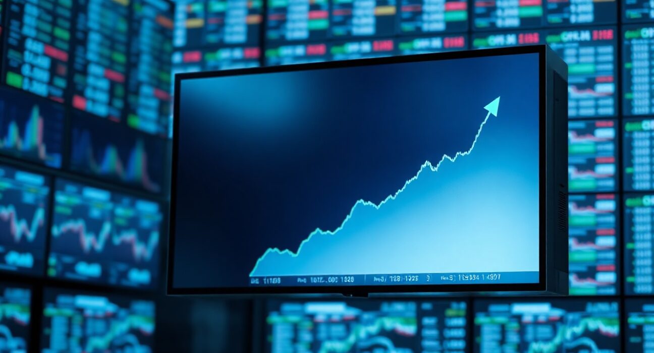 Digital display showing a rising crypto market sentiment chart on a trading floor
