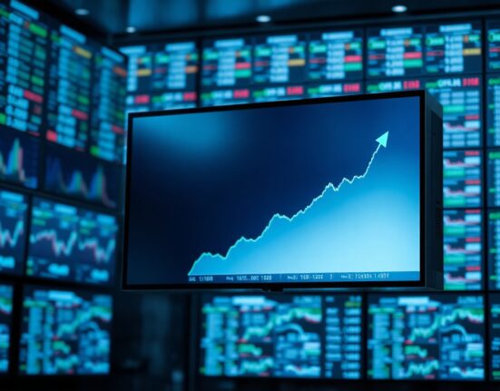 Digital display showing a rising crypto market sentiment chart on a trading floor