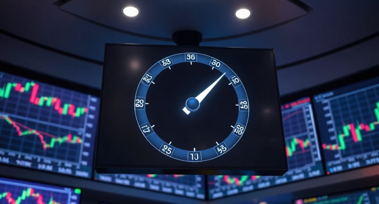Crypto Fear and Greed Index gauge showing neutral sentiment on a trading floor screen