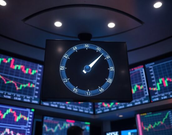 Crypto Fear and Greed Index gauge showing neutral sentiment on a trading floor screen