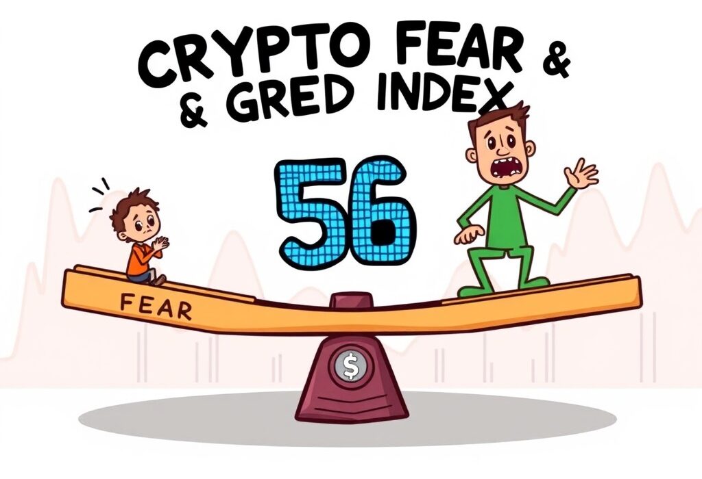 A cartoon illustration showing the Crypto Fear & Greed Index at 56, reflecting market sentiment between fear and greed.