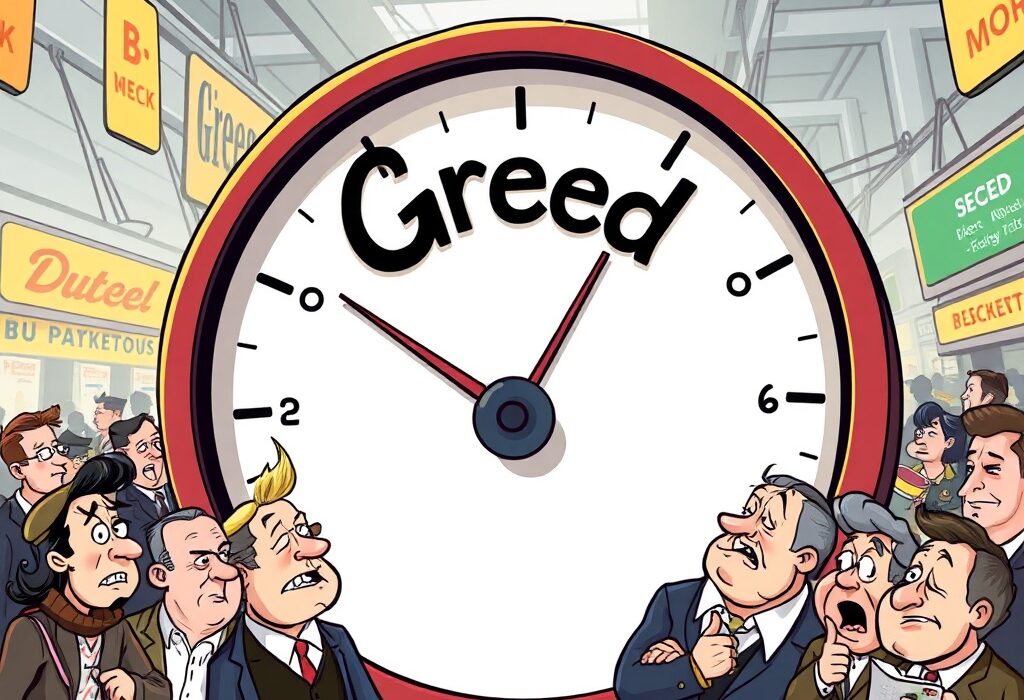 A cartoon illustration showing the Crypto Fear & Greed Index pointing towards 'Greed' but indicating a recent drop, reflecting market sentiment.