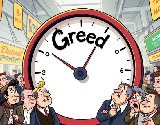 A cartoon illustration showing the Crypto Fear & Greed Index pointing towards 'Greed' but indicating a recent drop, reflecting market sentiment.