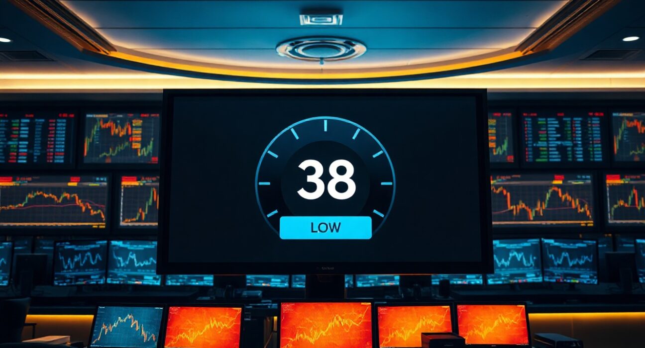 Digital display showing Crypto Fear and Greed Index at 38 in a trading room