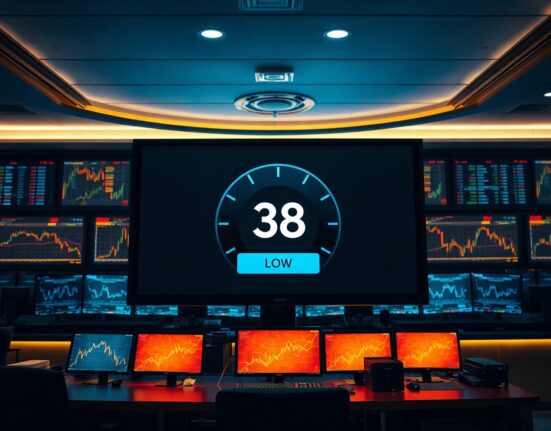 Digital display showing Crypto Fear and Greed Index at 38 in a trading room