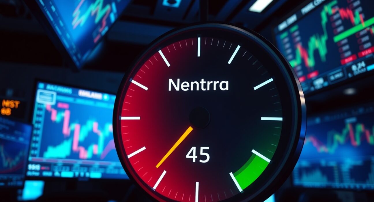 Crypto Fear & Greed Index gauge showing neutral sentiment at 45 on a trading floor