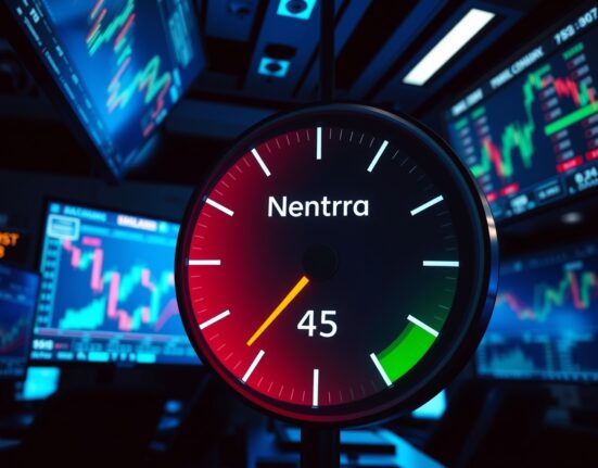 Crypto Fear & Greed Index gauge showing neutral sentiment at 45 on a trading floor