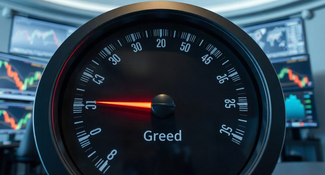 Crypto Fear and Greed Index gauge showing shift from extreme greed to greed