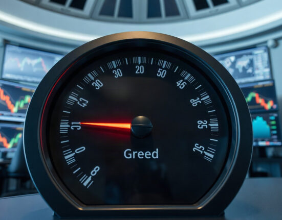 Crypto Fear and Greed Index gauge showing shift from extreme greed to greed
