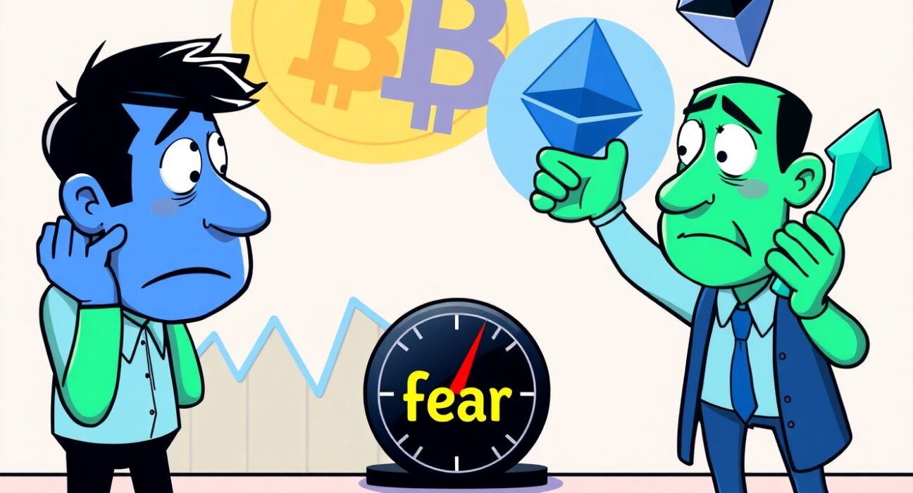 A cartoon illustration showing market sentiment with fear prevailing, as the Crypto Fear & Greed Index hovers at 44.