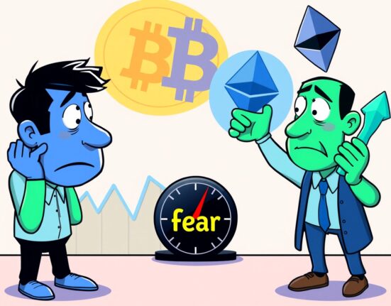 A cartoon illustration showing market sentiment with fear prevailing, as the Crypto Fear & Greed Index hovers at 44.