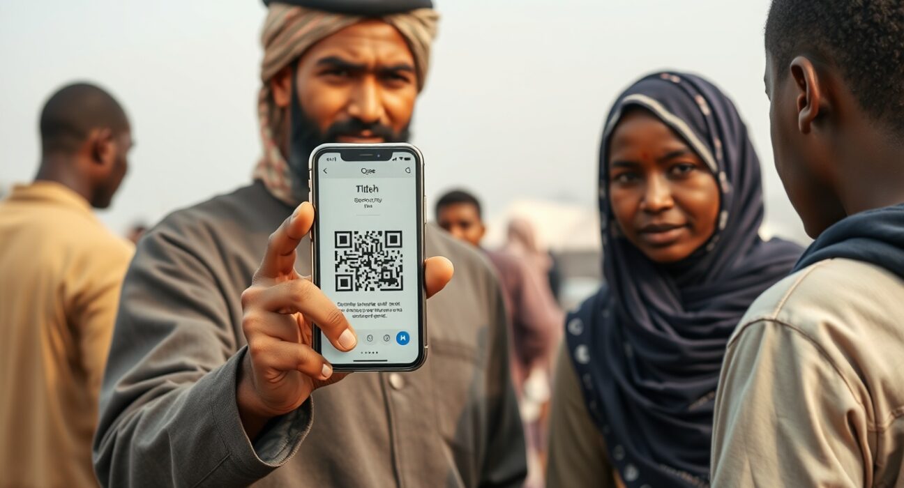 Refugee using smartphone with crypto wallet interface, demonstrating crypto financial infrastructure for displaced populations.