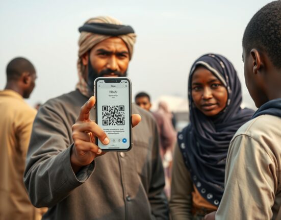 Refugee using smartphone with crypto wallet interface, demonstrating crypto financial infrastructure for displaced populations.