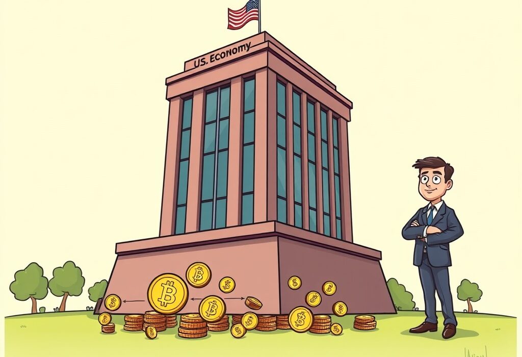 A cartoon illustration showing a calm financial institution unfazed by small crypto assets, representing the strong outlook on crypto financial stability.