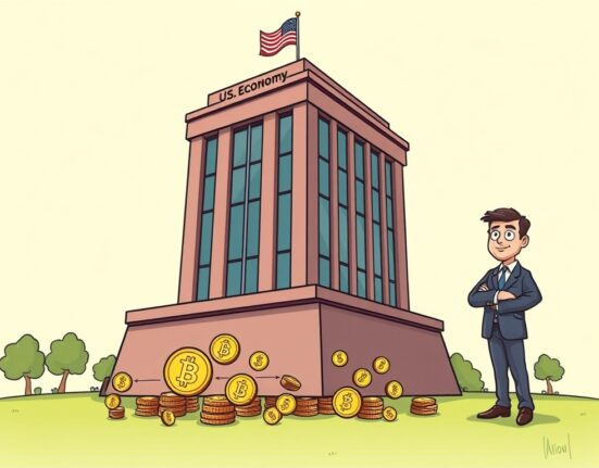 A cartoon illustration showing a calm financial institution unfazed by small crypto assets, representing the strong outlook on crypto financial stability.