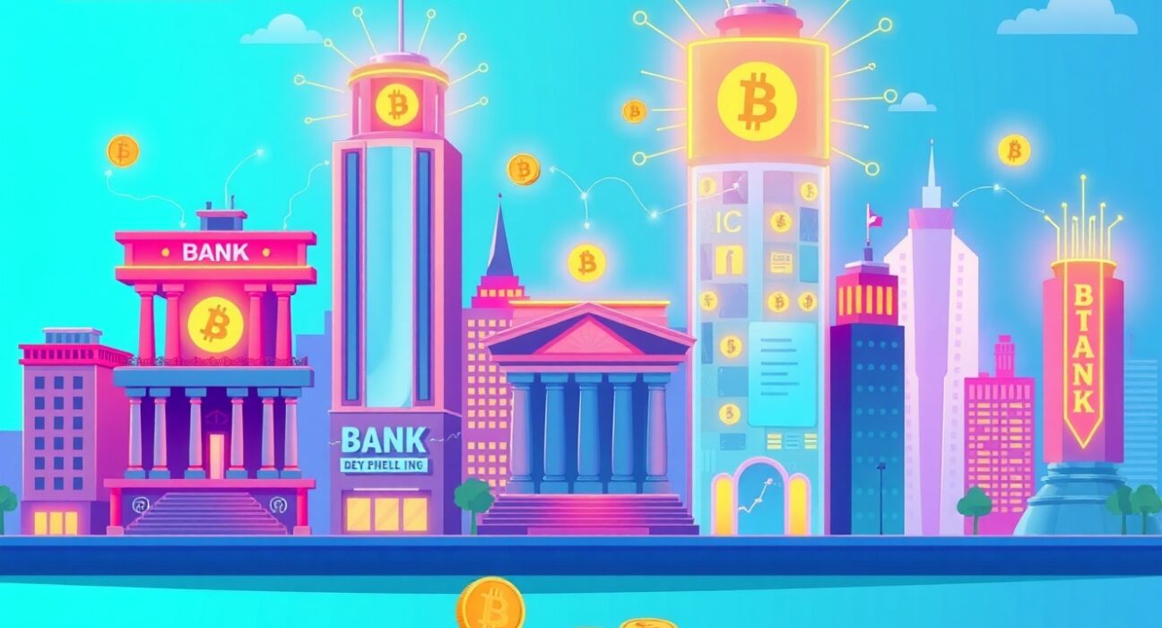 An optimistic cartoon of the crypto financial system merging with traditional finance in a futuristic city.