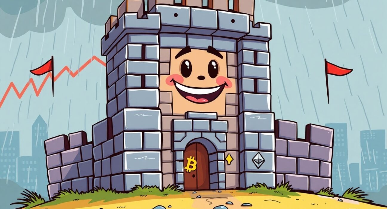 A resilient cartoon fortress symbolizing strong crypto firm fundamentals standing firm during a market storm.